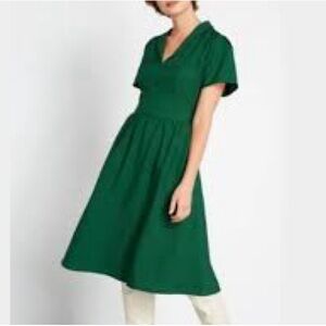 NWT ModCloth Green Babydoll Fit & Flare Collared Short Sleeve Midi Dress Size XL